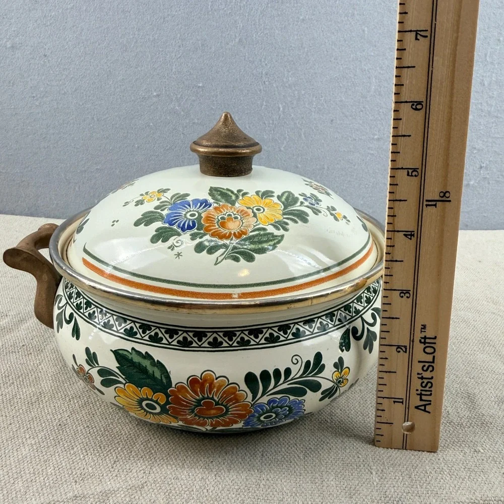 ASTA Enamelware‎ Floral Casserole Pot with Lid West Germany Brass Handles